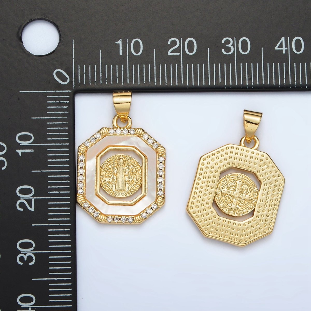 24K Gold Filled Saint Benedict Shell Pearl Micro Paved CZ Open Hexagonal Pendant | AH185