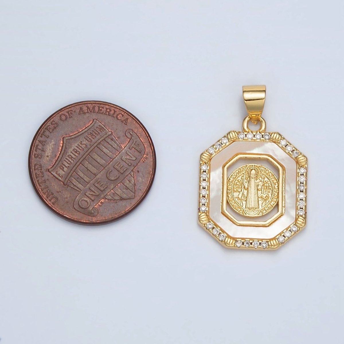 24K Gold Filled Saint Benedict Shell Pearl Micro Paved CZ Open Hexagonal Pendant | AH185