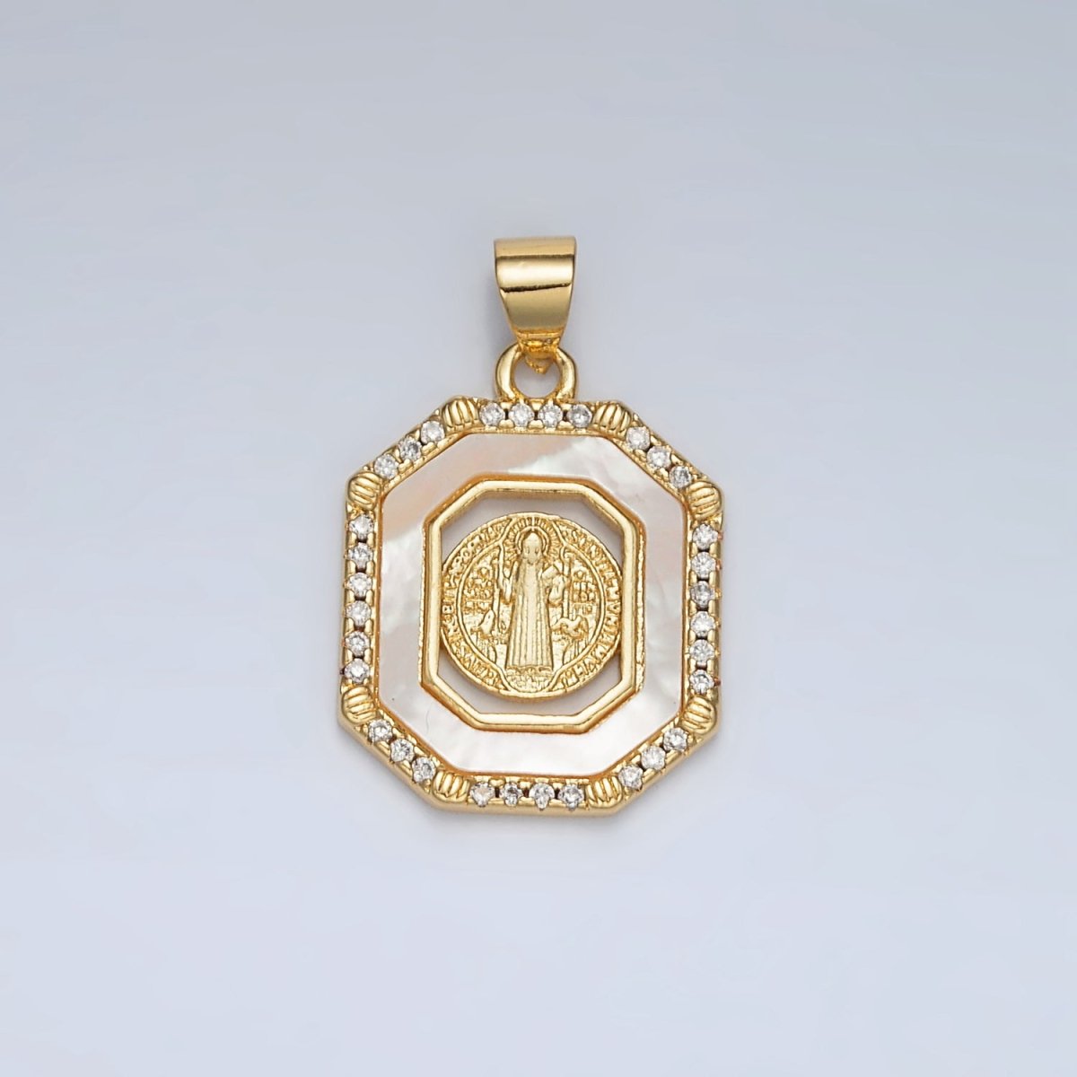 24K Gold Filled Saint Benedict Shell Pearl Micro Paved CZ Open Hexagonal Pendant | AH185