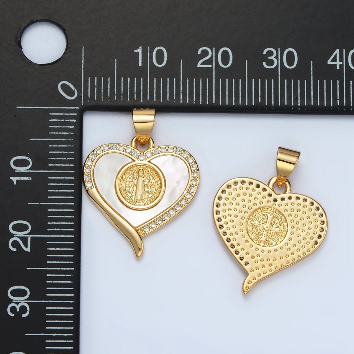 24K Gold Filled Saint Jude Religious Figure Shell Pearl Micro Paved CZ Heart Pendant | I175