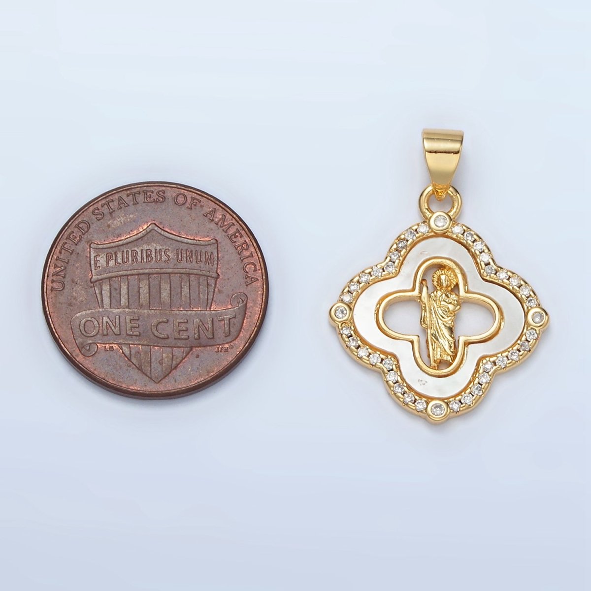 24K Gold Filled Saint Jude Religious Figure Shell Pearl Micro Paved CZ Quatrefoil Pendant | I109