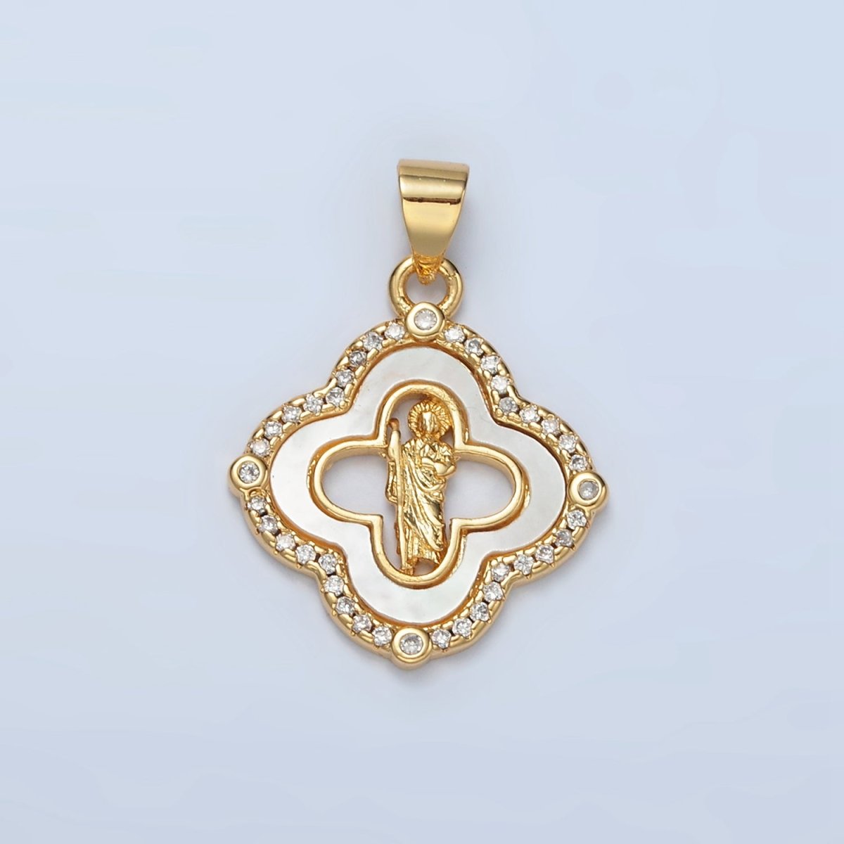 24K Gold Filled Saint Jude Religious Figure Shell Pearl Micro Paved CZ Quatrefoil Pendant | I109