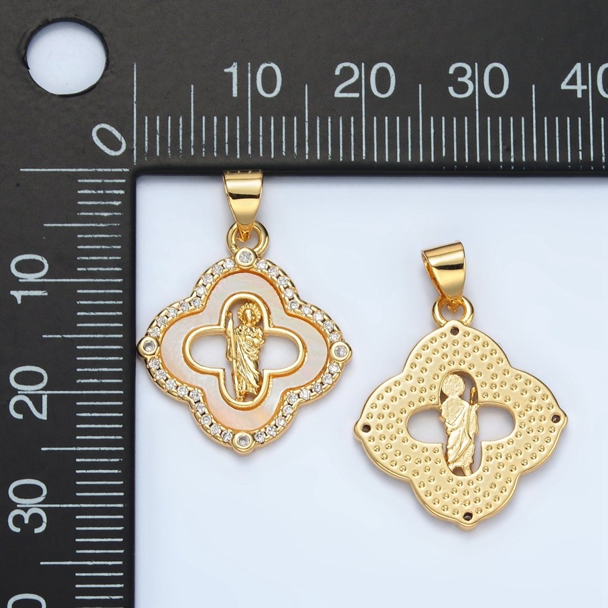 24K Gold Filled Saint Jude Religious Figure Shell Pearl Micro Paved CZ Quatrefoil Pendant | I109