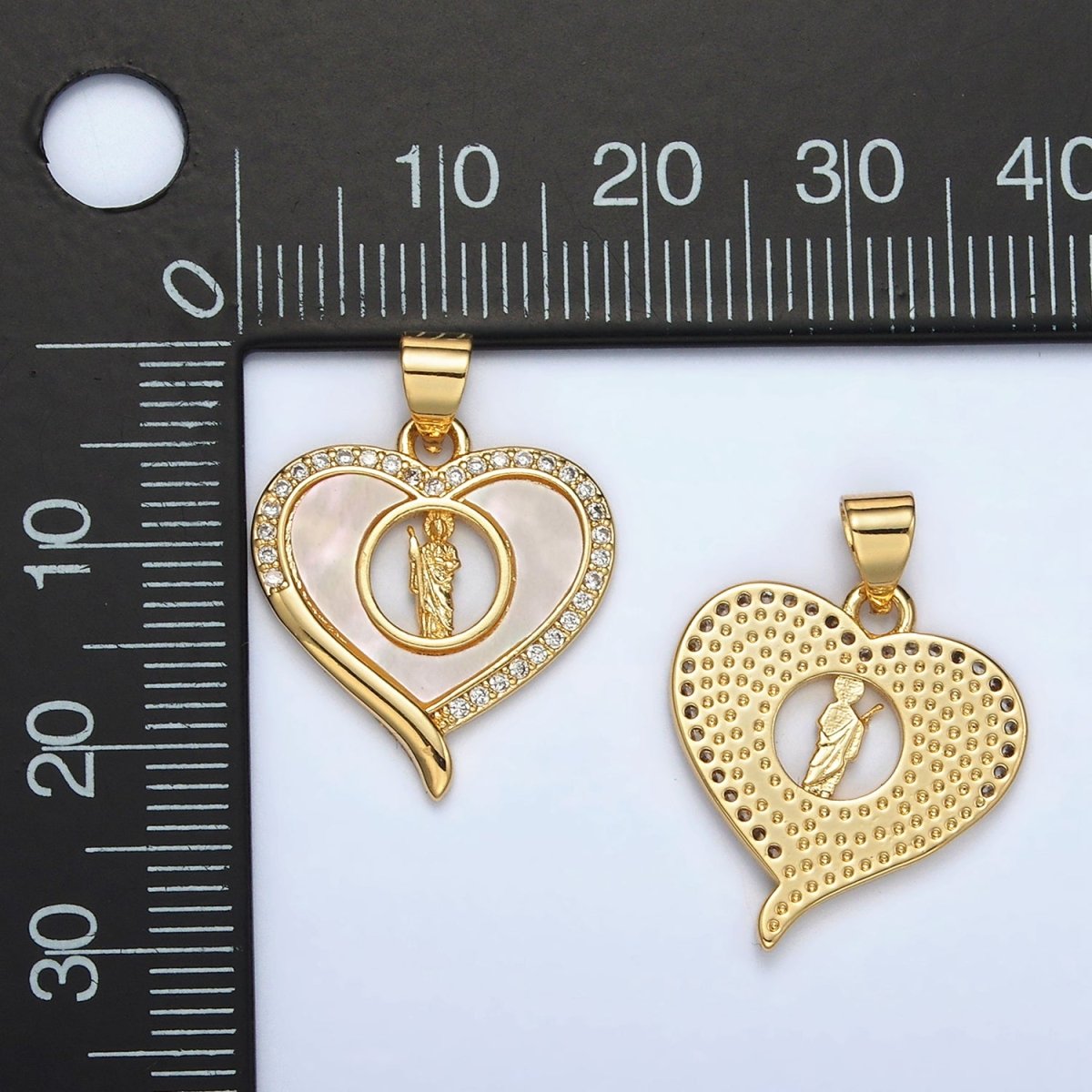 24K Gold Filled Saint Jude Shell Pearl Micro Paved CZ Open Heart Pendant | AH178