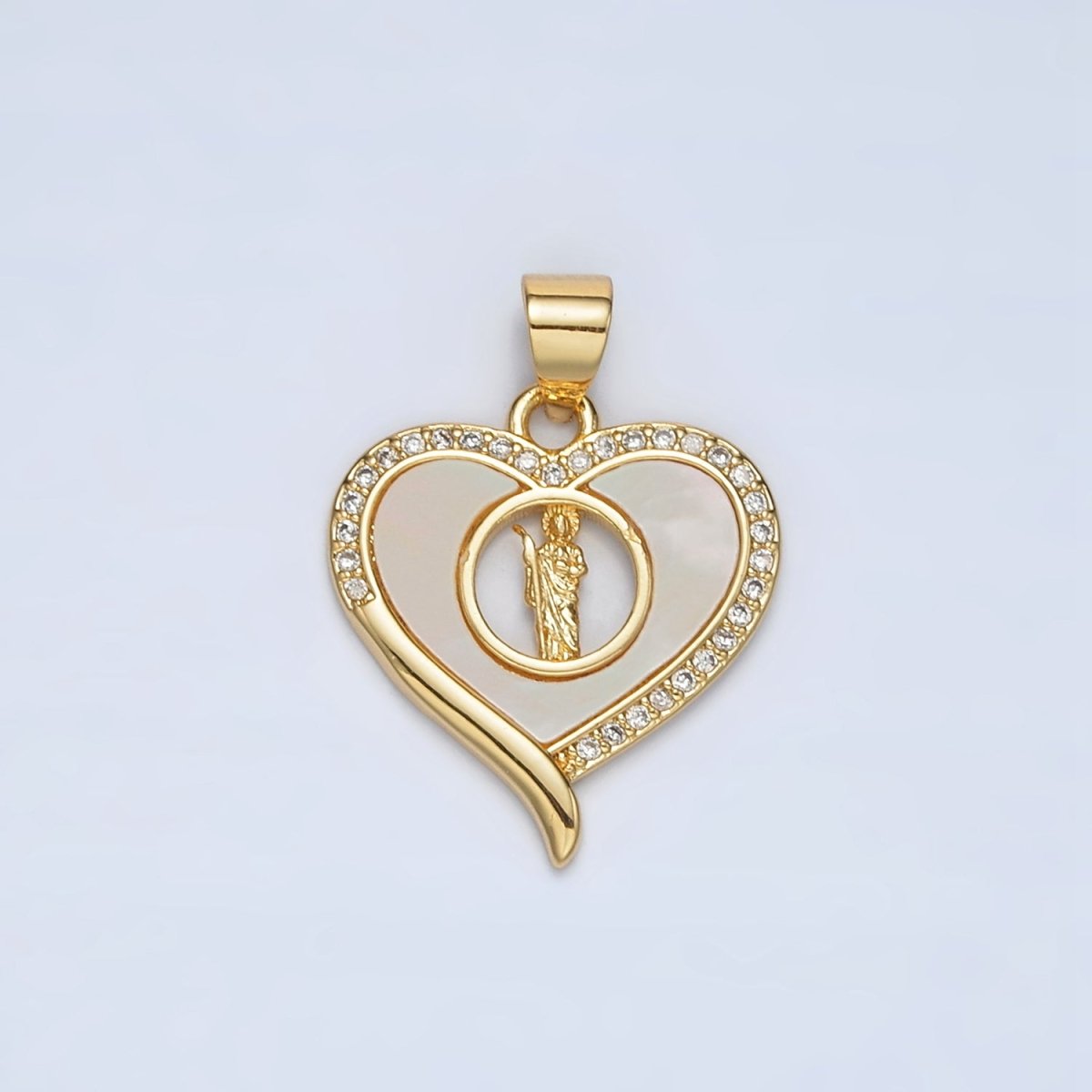 24K Gold Filled Saint Jude Shell Pearl Micro Paved CZ Open Heart Pendant | AH178