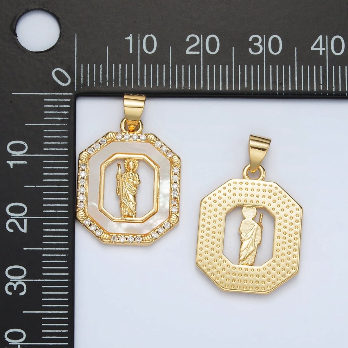 24K Gold Filled Saint Jude Shell Pearl Micro Paved CZ Open Hexagonal Pendant | AH181