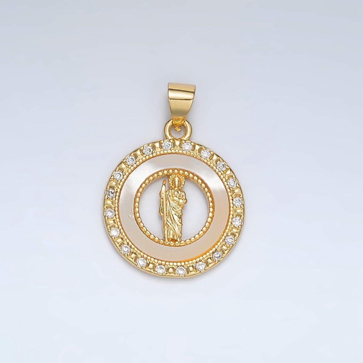 24K Gold Filled Saint Jude Shell Pearl Micro Paved CZ Open Round Pendant | AH183