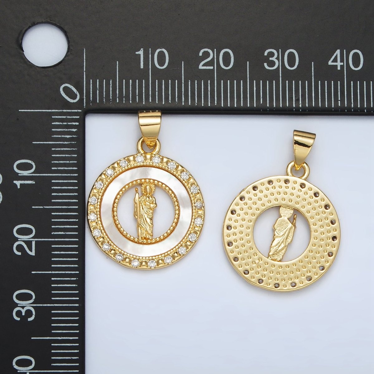 24K Gold Filled Saint Jude Shell Pearl Micro Paved CZ Open Round Pendant | AH183