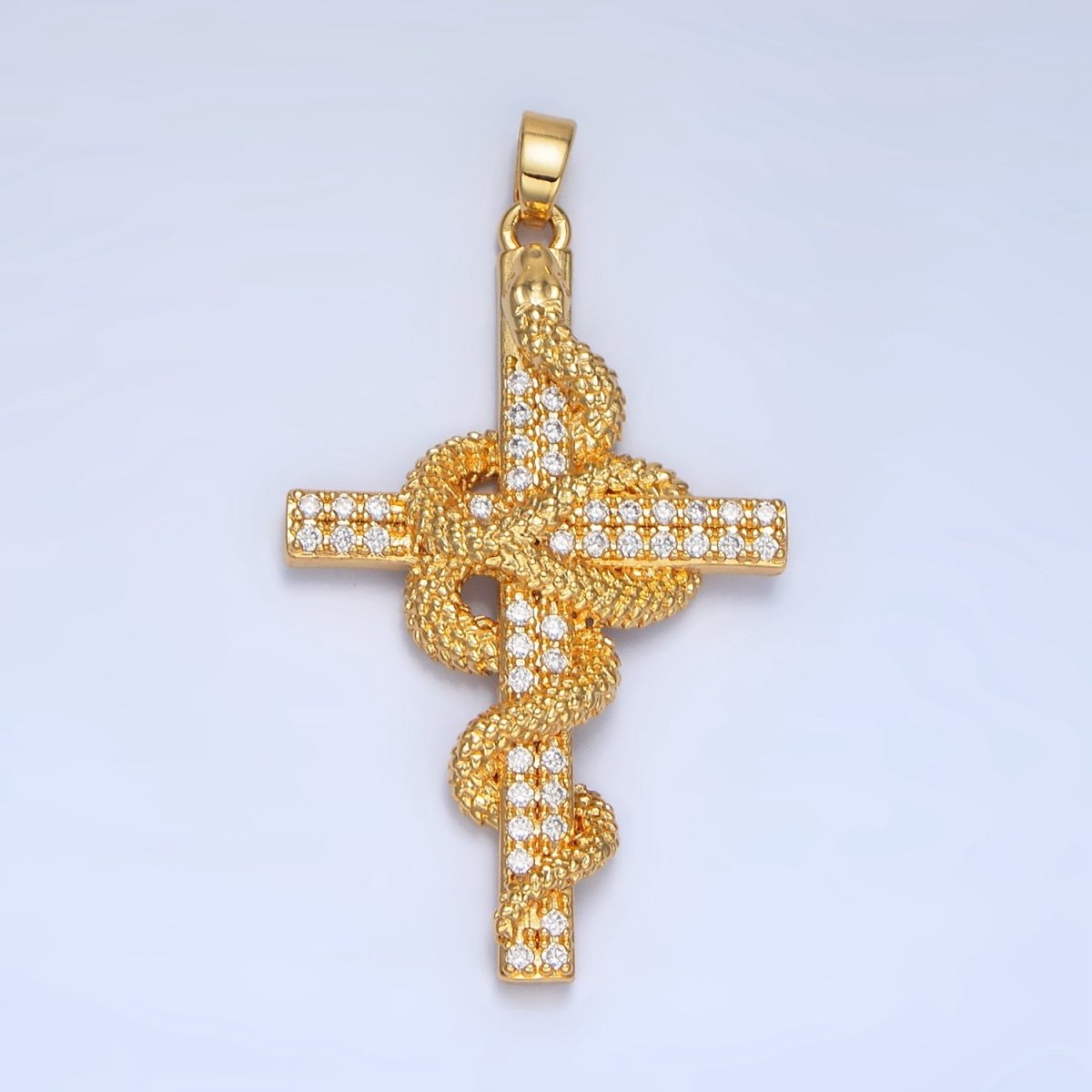 24K Gold Filled Scaled Slither Snake Micro Paved CZ Cross Pendant | AA947