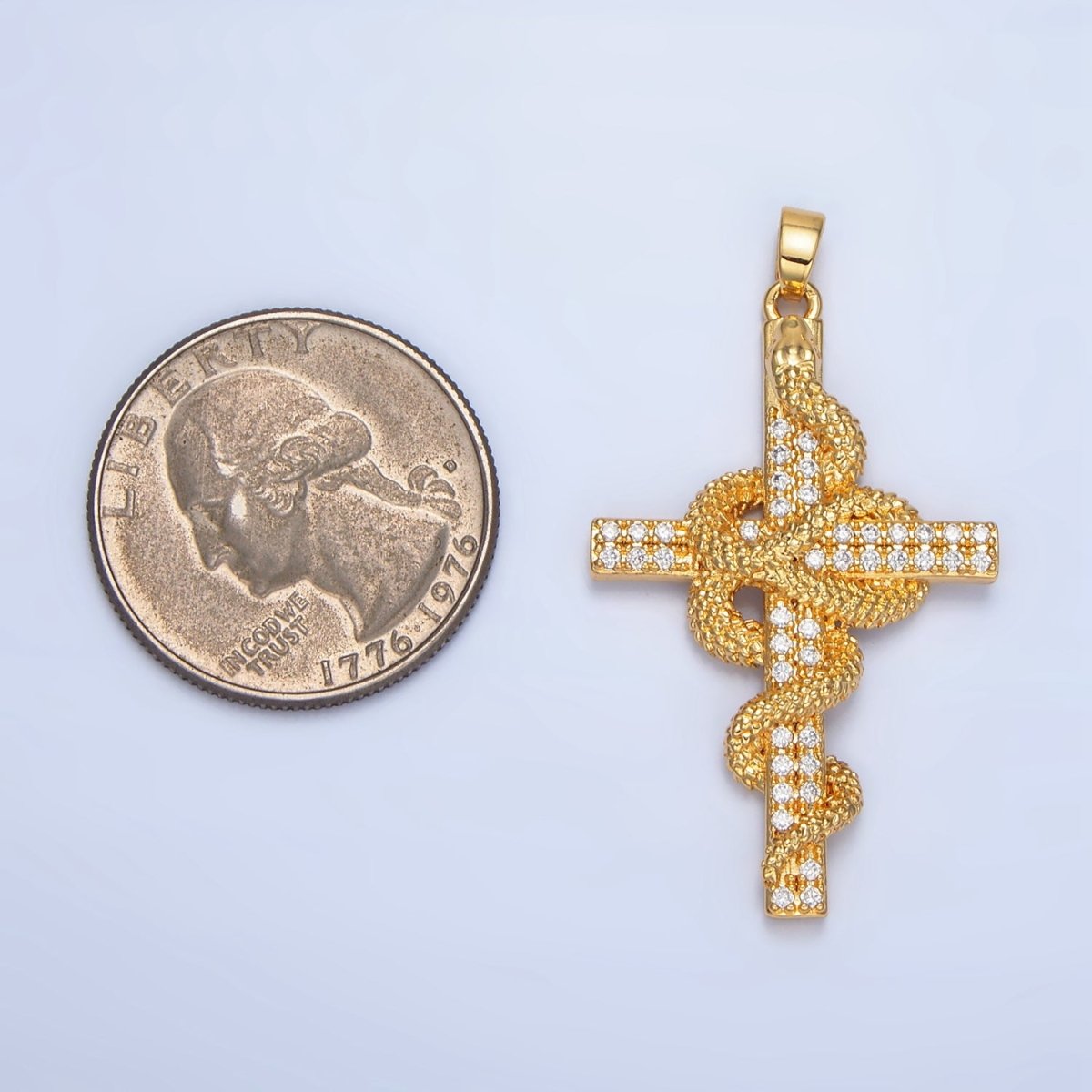24K Gold Filled Scaled Slither Snake Micro Paved CZ Cross Pendant | AA947