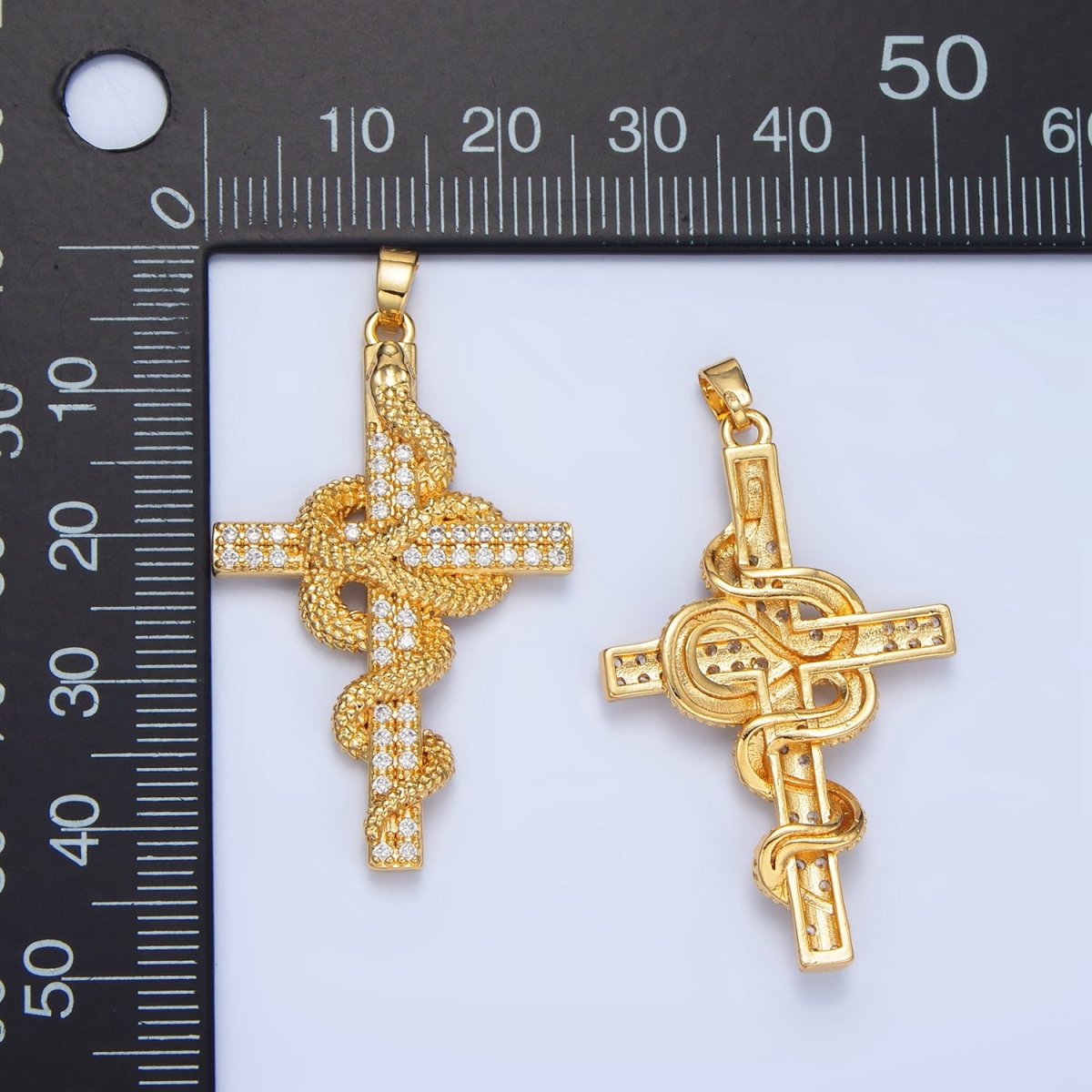 24K Gold Filled Scaled Slither Snake Micro Paved CZ Cross Pendant | AA947