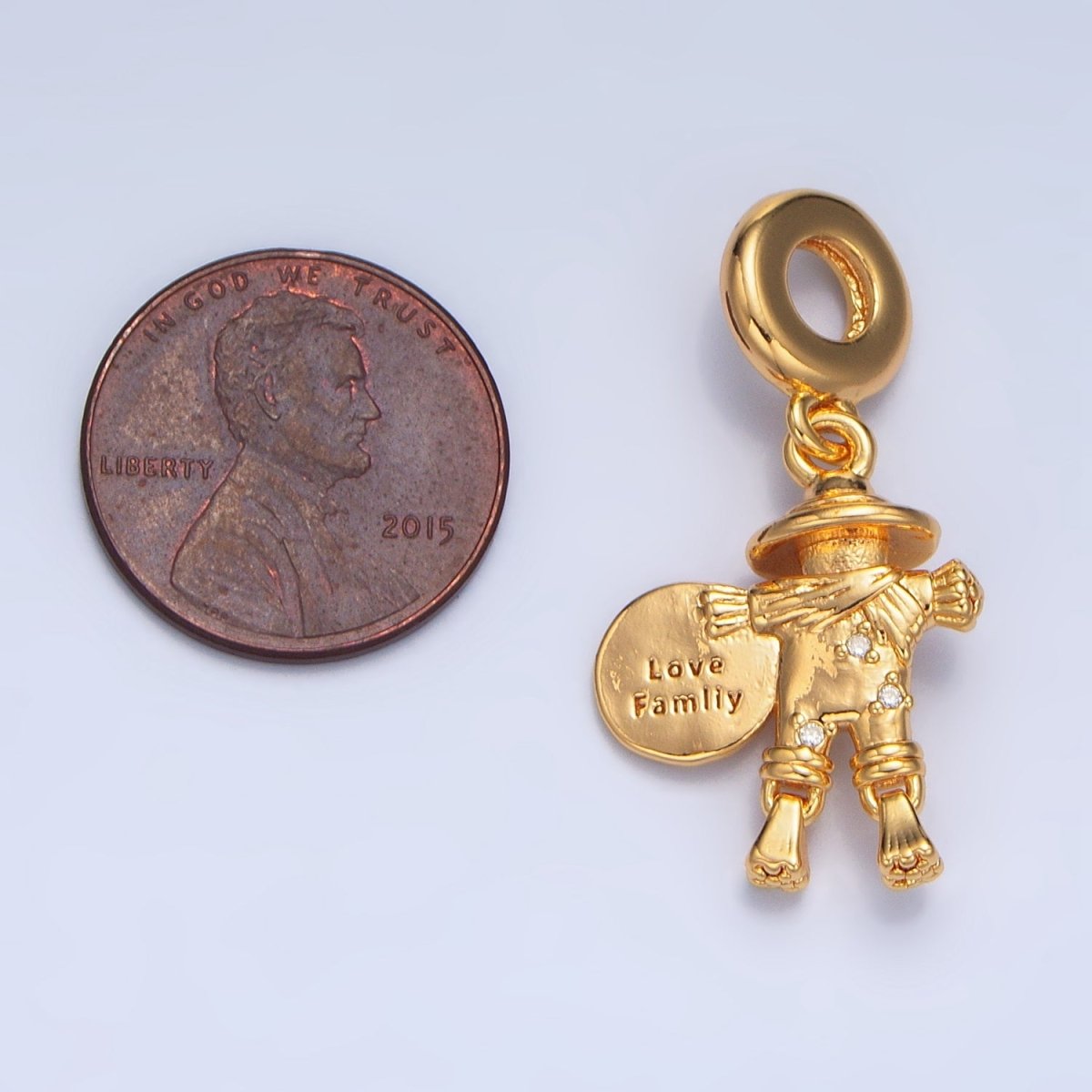24K Gold Filled Scarecrow "Love Family" Script Rhondelle Drop Pendant | X587