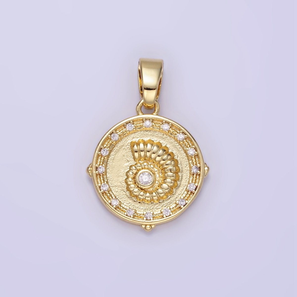 24K Gold Filled Sea Shell Clear CZ Round Pendant | AA1341