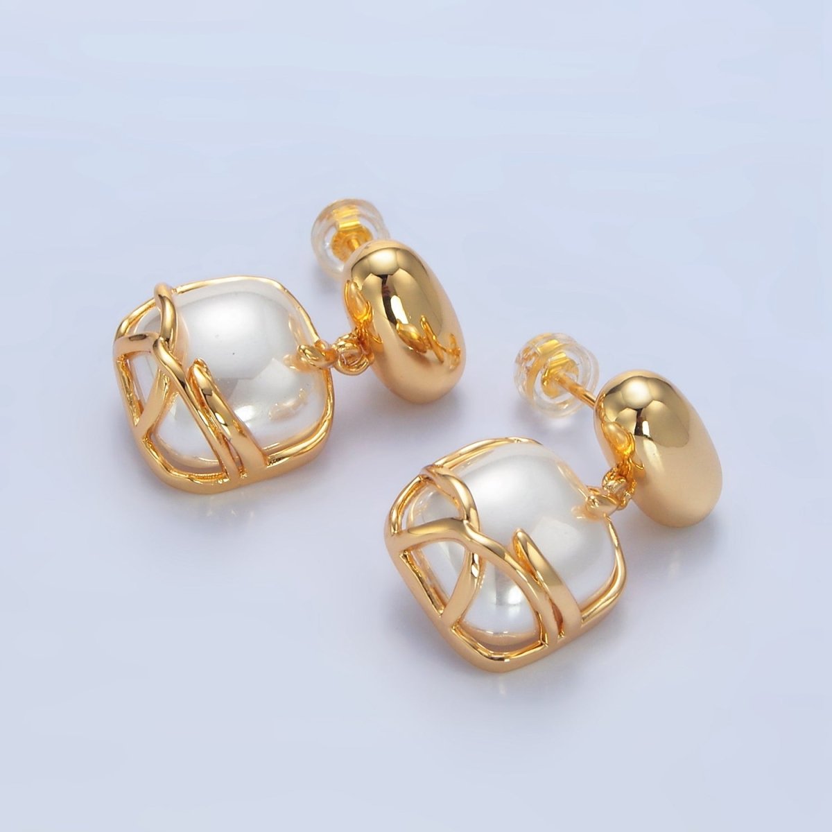 24K Gold Filled Shell Pearl Band Square Rectangle Drop Stud Earrings | P034