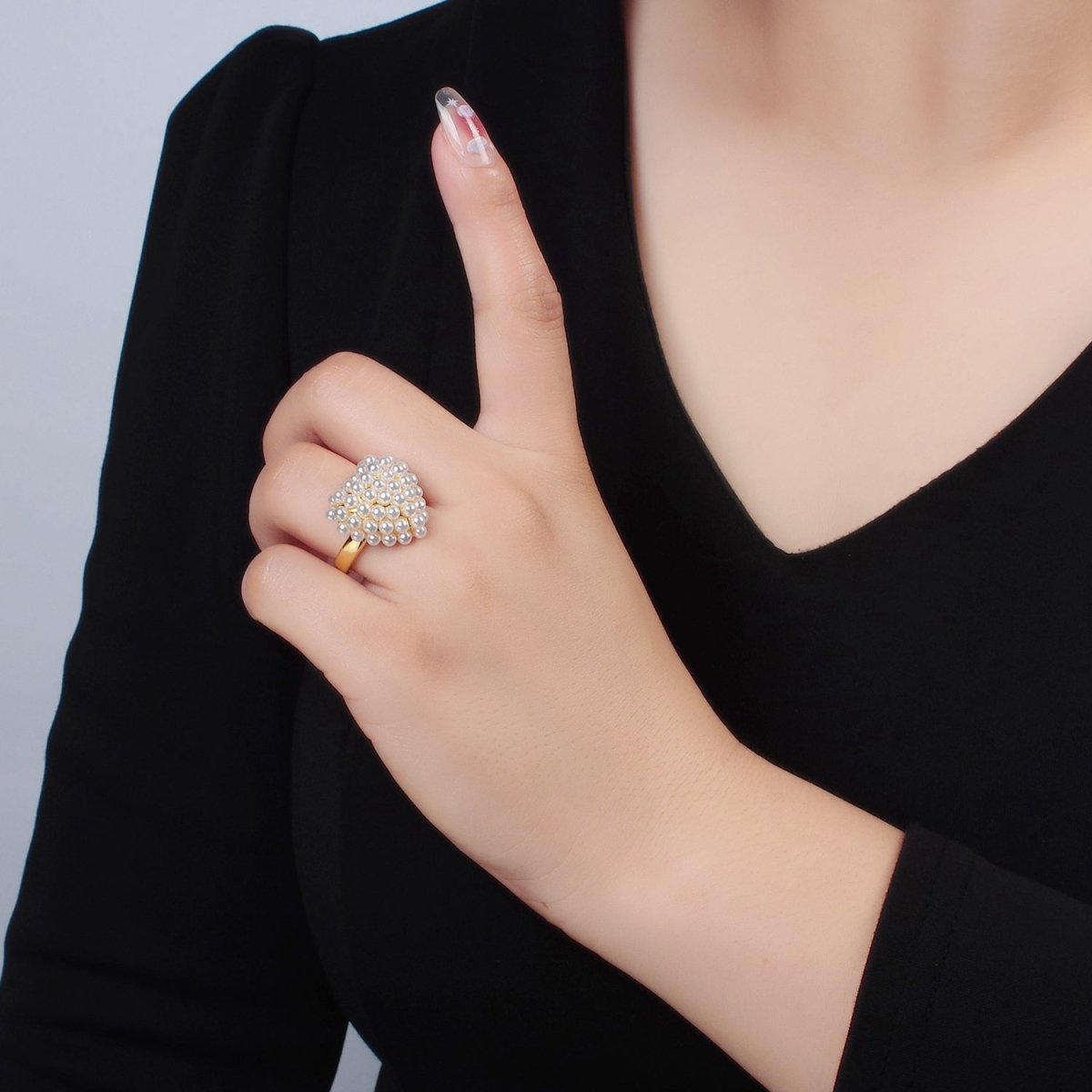 24K Gold Filled Shell Pearl Beaded Bubble Heart Signet Ring | O1396