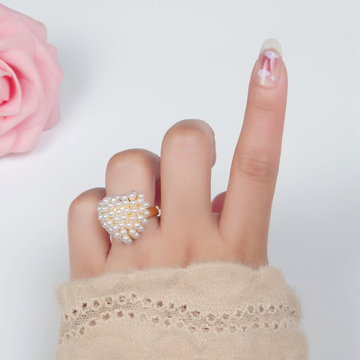 24K Gold Filled Shell Pearl Beaded Bubble Heart Signet Ring | O1396