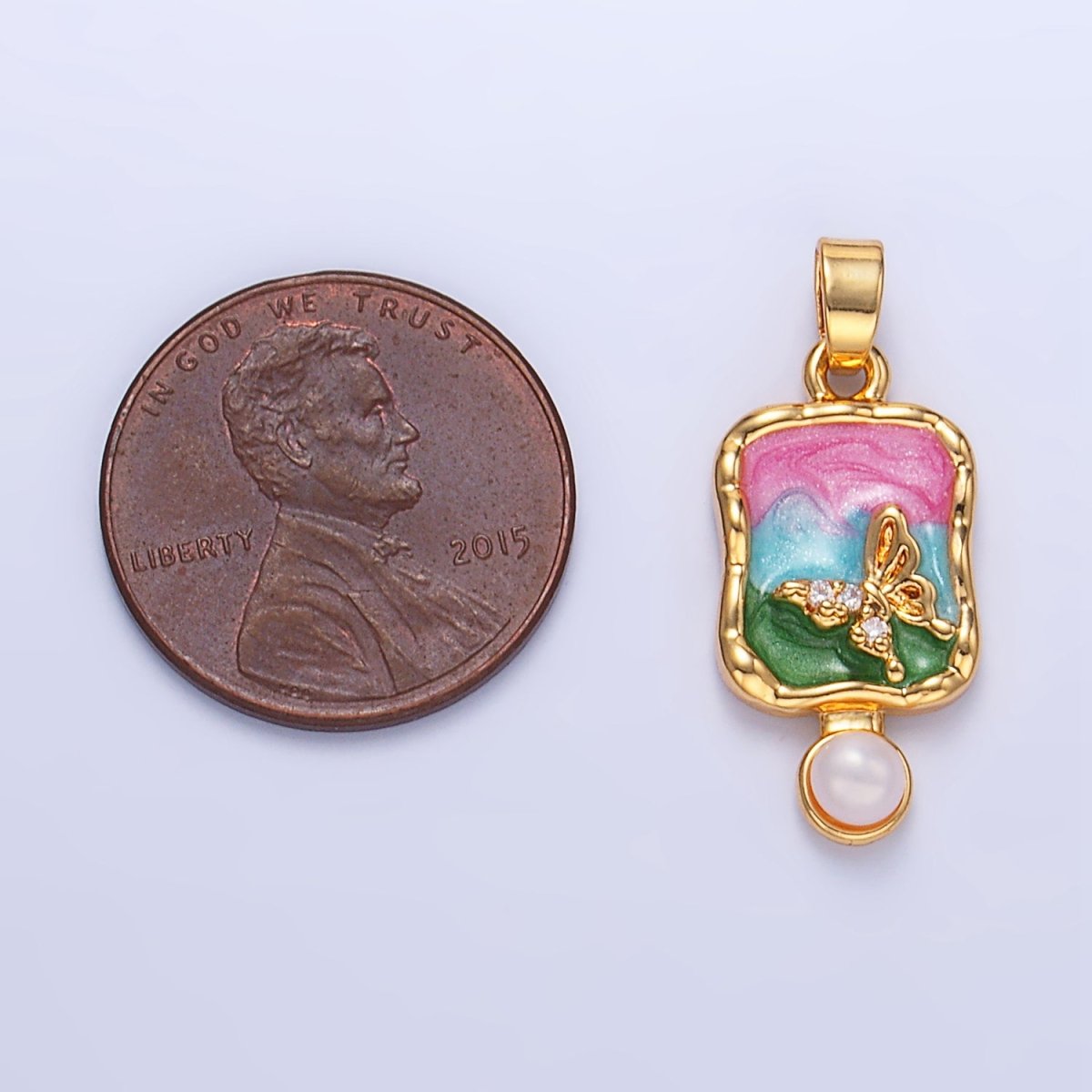 24K Gold Filled Shell Pearl Butterfly CZ Multicolor Enamel Molten Pendant | AA1037