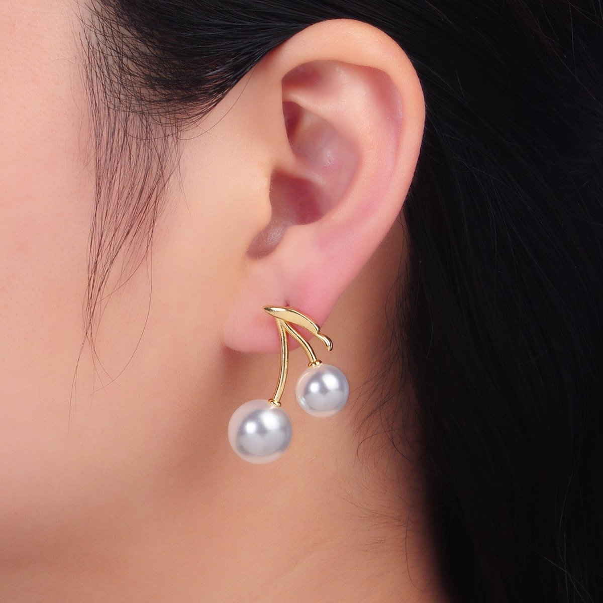 24K Gold Filled Shell Pearl Cherry Fruit Stud Earrings in Gold & Silver | AB868