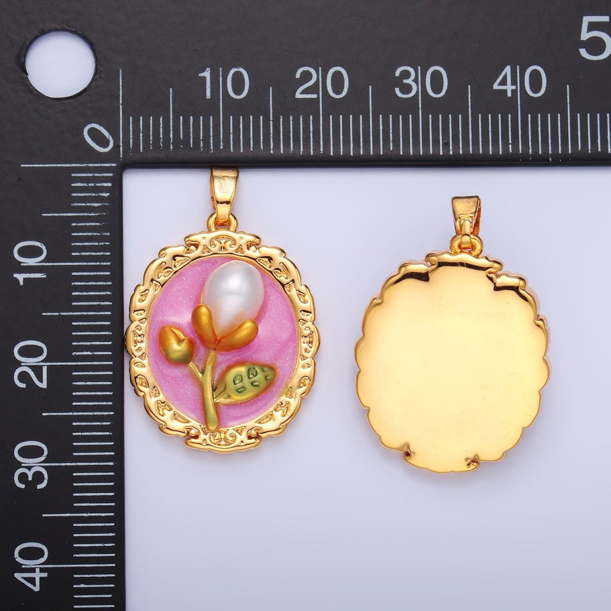 24K Gold Filled Shell Pearl Flower Pink Enamel Pendant | AA1075
