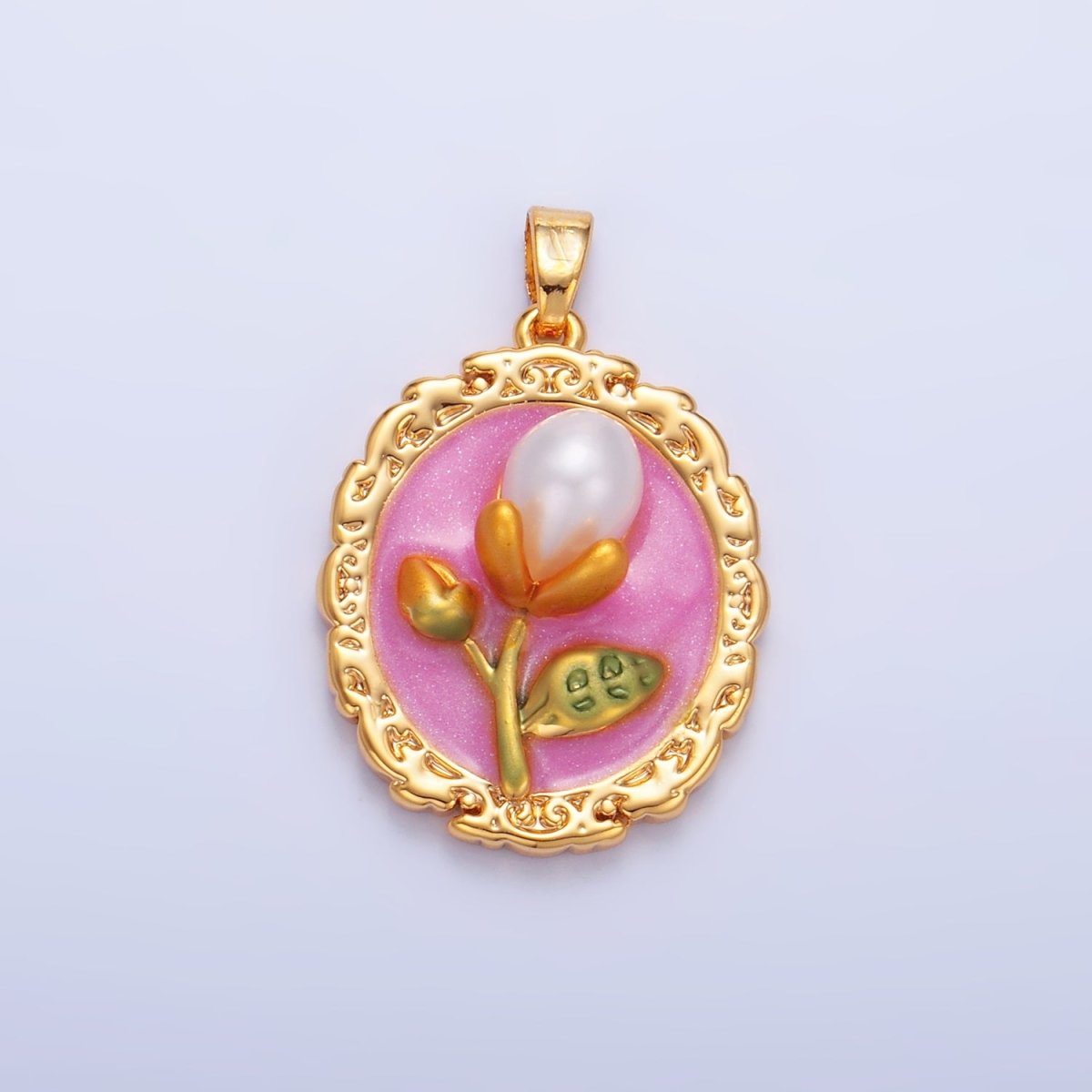 24K Gold Filled Shell Pearl Flower Pink Enamel Pendant | AA1075