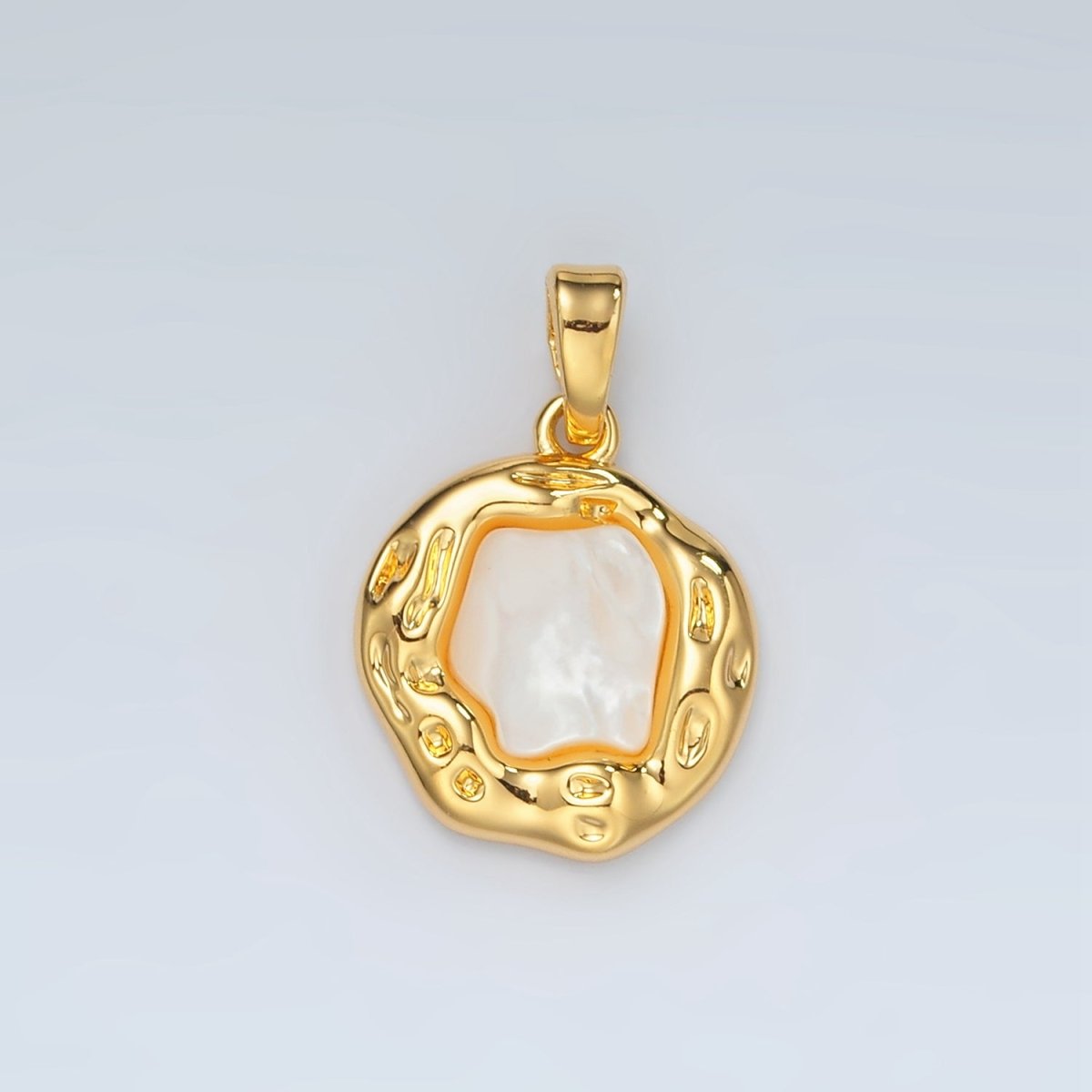 24k Gold Filled Shell Pearl Hammered Bezel Abstract Pendant | H-751