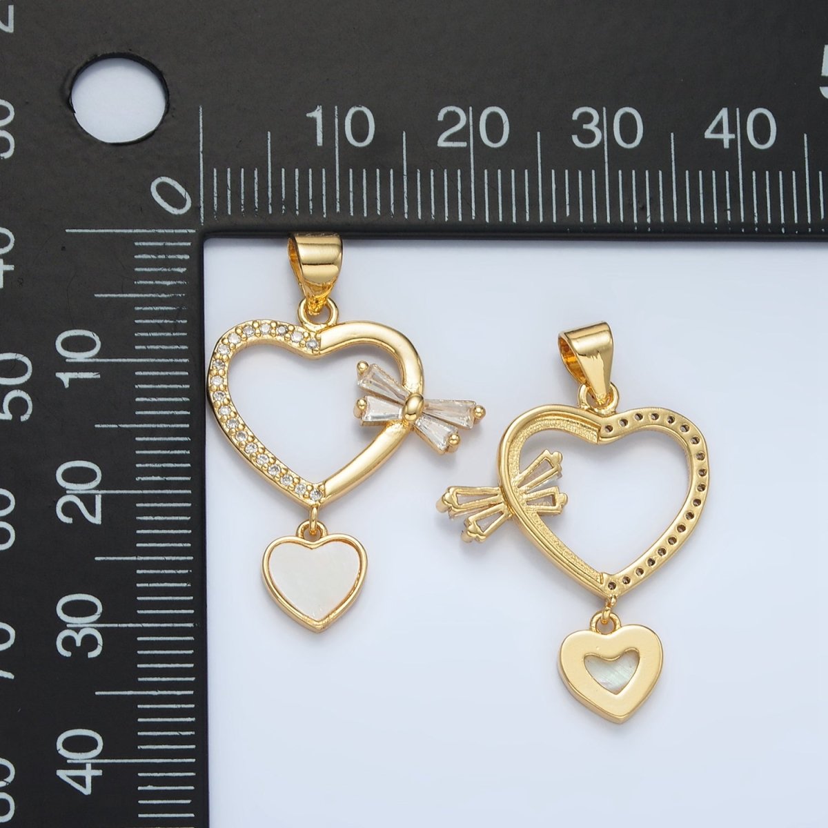 24K Gold Filled Shell Pearl Micro Paved CZ Baguette Bow Heart Drop Pendant | AA866