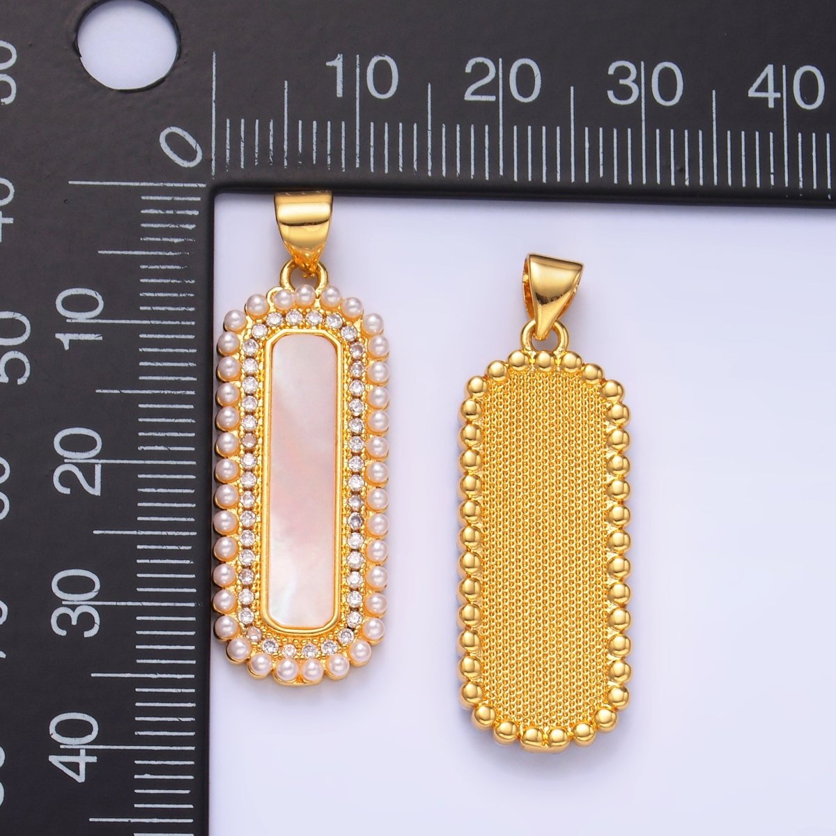 24K Gold Filled Shell Pearl Micro Paved CZ Lined Rectangular Tag Pendant | AA1204