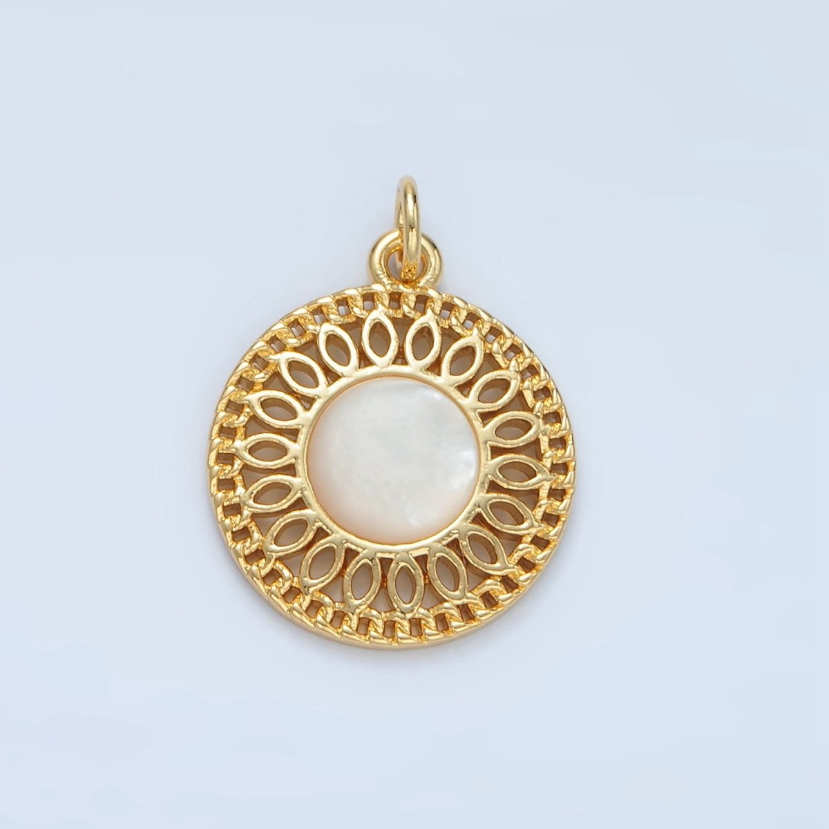 24K Gold Filled Shell Pearl Open Filigree Geometric Round Charm | X303