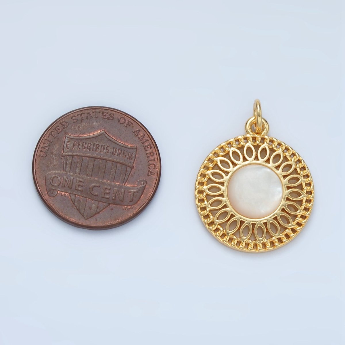 24K Gold Filled Shell Pearl Open Filigree Geometric Round Charm | X303