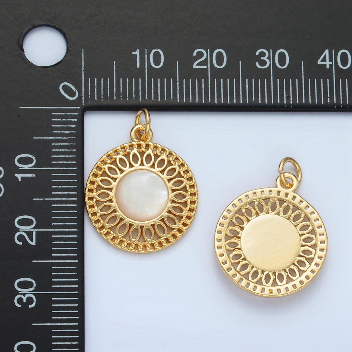 24K Gold Filled Shell Pearl Open Filigree Geometric Round Charm | X303