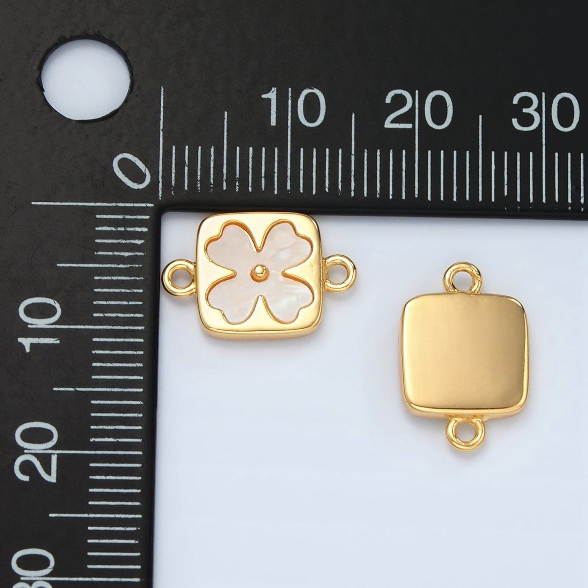 24K Gold Filled Shell Pearl Quatrefoil Flower Square Bezel Connector | F012