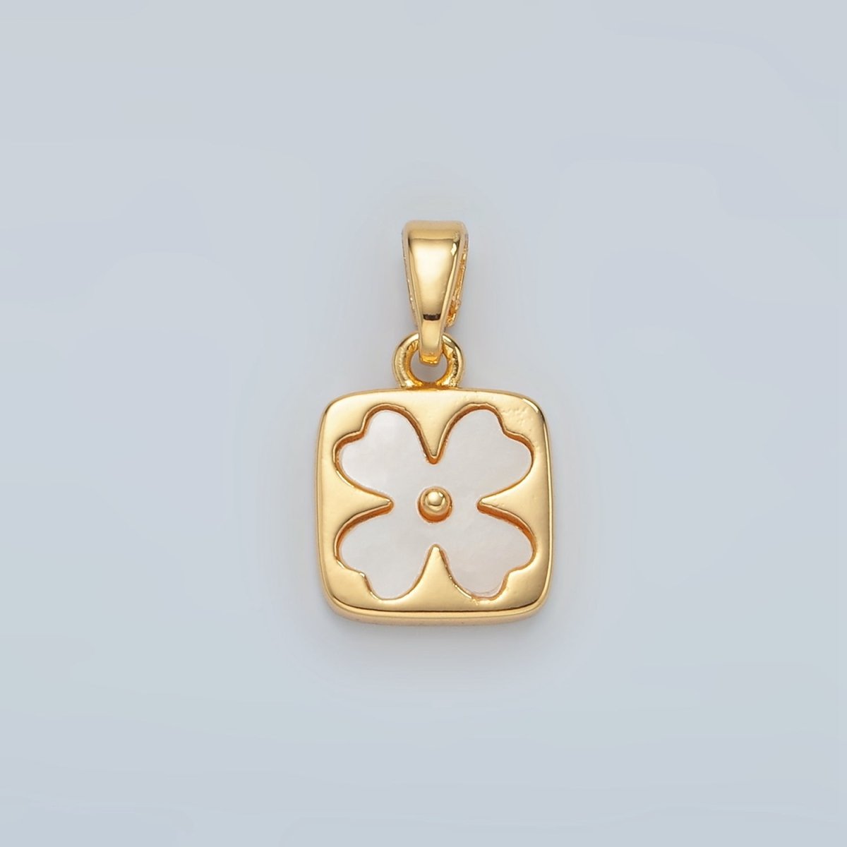 24K Gold Filled Shell Pearl Quatrefoil Flower Square Bezel Pendant | H587
