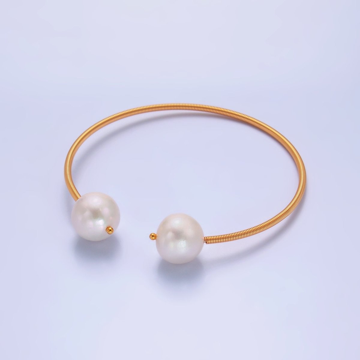 24K Gold Filled Shell Pearl Ribbed Spring Cuff Bracelet | WA-2715