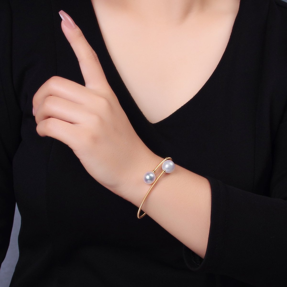 24K Gold Filled Shell Pearl Ribbed Spring Wrap Cuff Bracelet | WA-2716