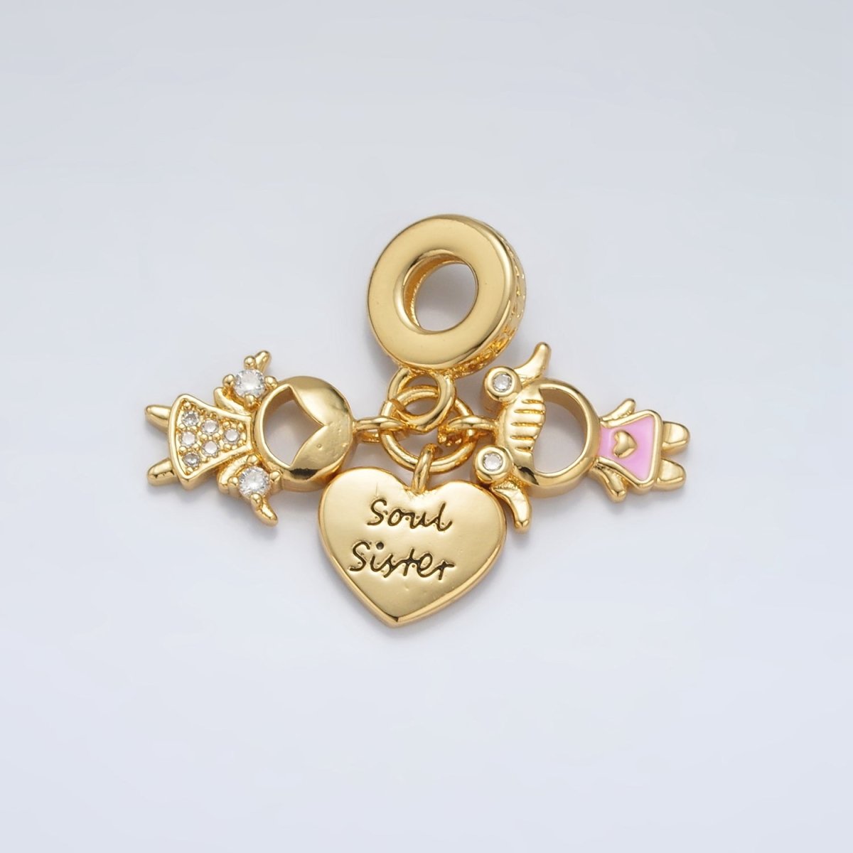 24K Gold Filled Sisterhood "Soul Sister" Micro Paved Enamel Rhondelle Bail Triple Drop Pendant | AC085