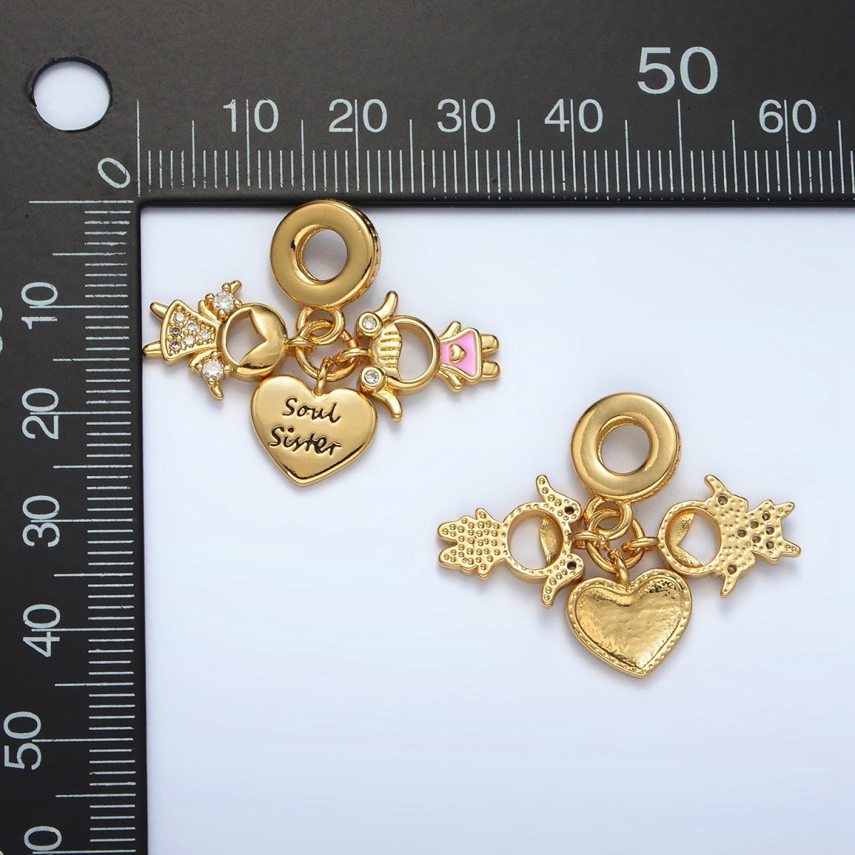 24K Gold Filled Sisterhood "Soul Sister" Micro Paved Enamel Rhondelle Bail Triple Drop Pendant | AC085