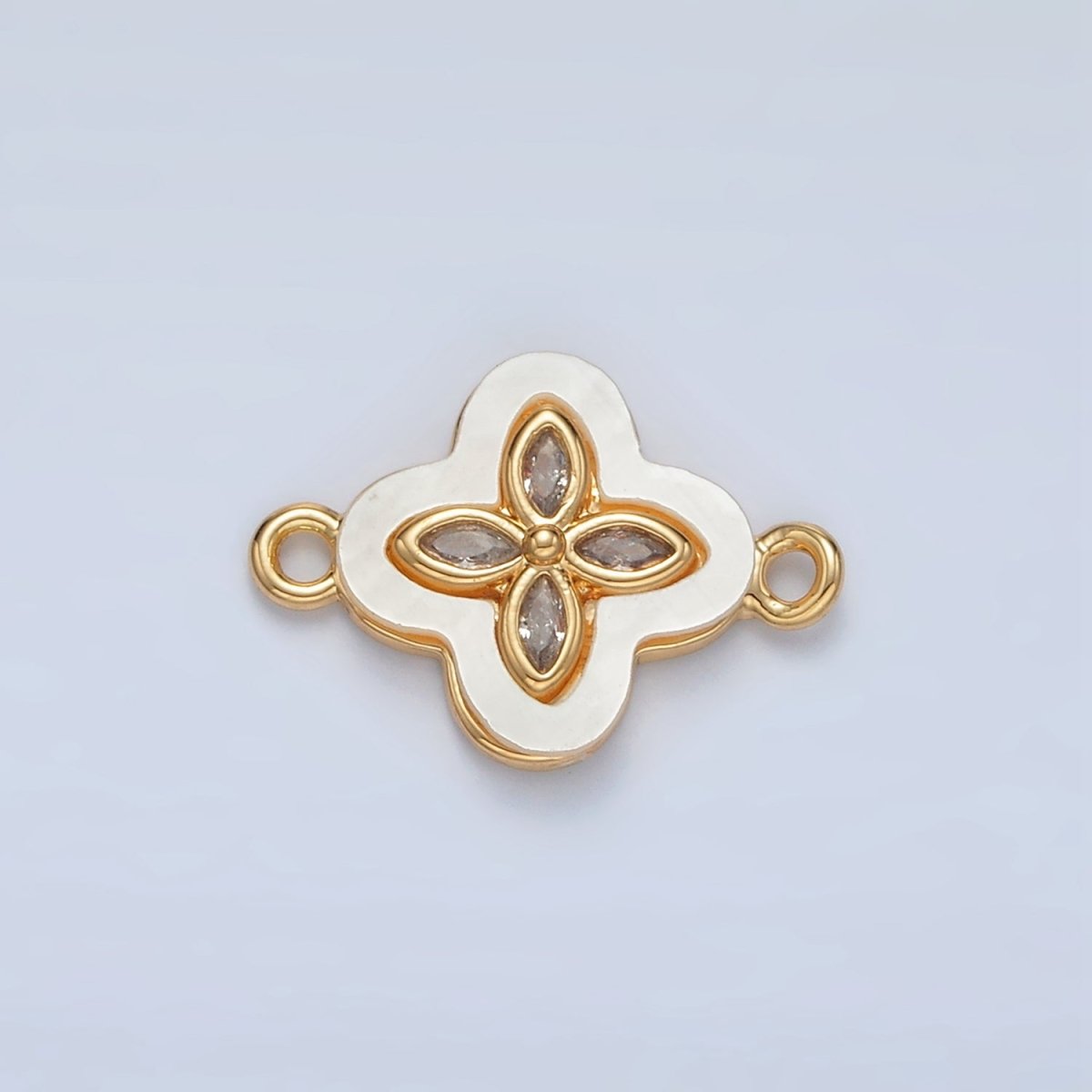 24K Gold Filled Sphere CZ Shell Pearl Quatrefoil Flower Connector | F097
