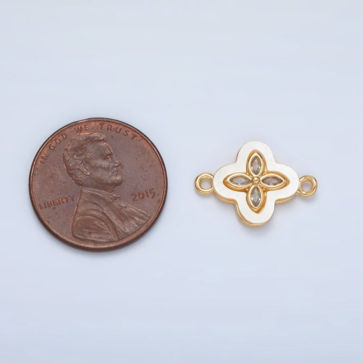 24K Gold Filled Sphere CZ Shell Pearl Quatrefoil Flower Connector | F097
