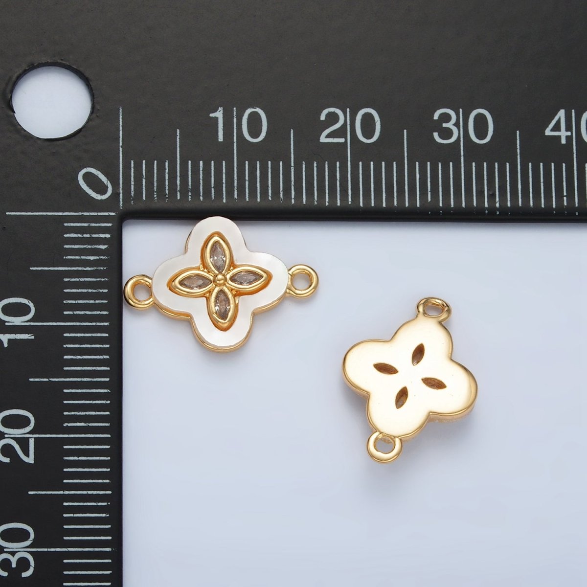 24K Gold Filled Sphere CZ Shell Pearl Quatrefoil Flower Connector | F097