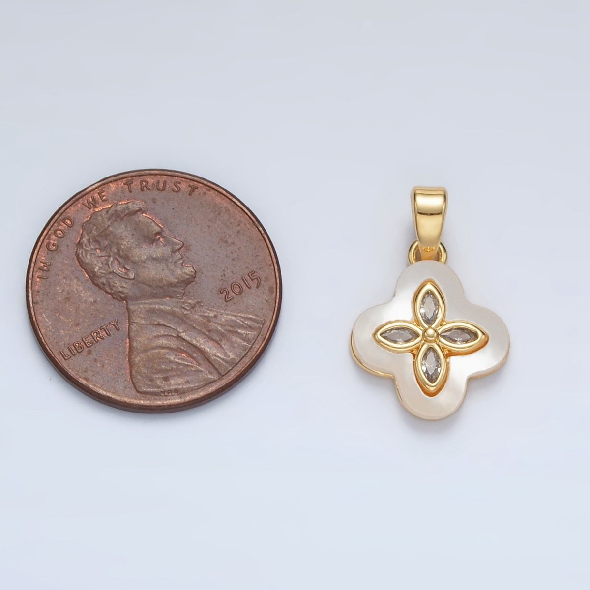 24K Gold Filled Sphere CZ Shell Pearl Quatrefoil Flower Pendant in Gold & Silver | AA1522