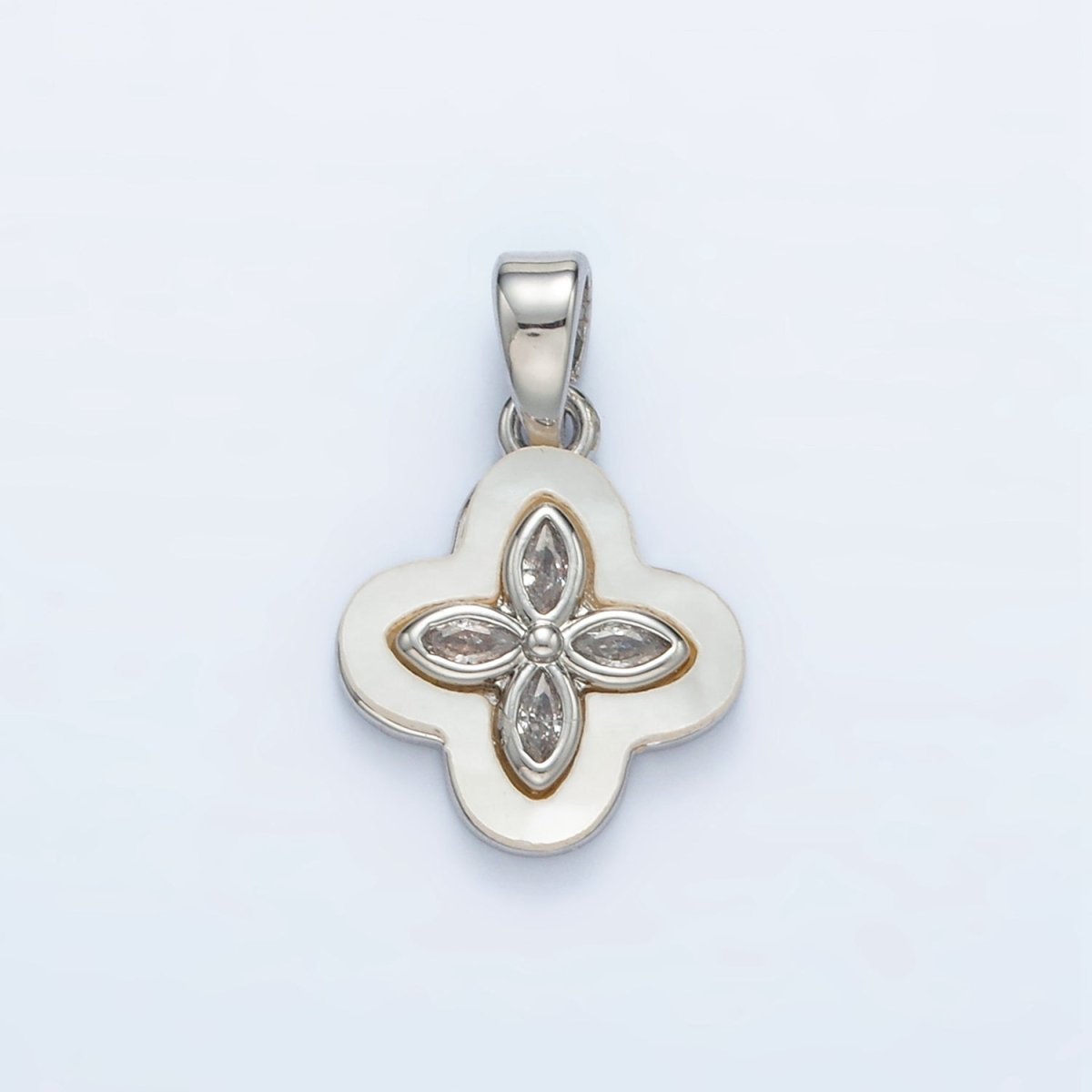 24K Gold Filled Sphere CZ Shell Pearl Quatrefoil Flower Pendant in Gold & Silver | AA1522