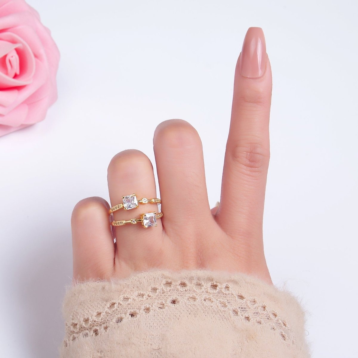 24K Gold Filled Square CZ Micro Paved Geometric Double Band Ring | O545