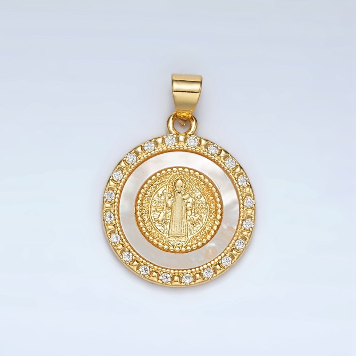 24K Gold Filled St Saint Benedict Shell Pearl Micro Paved CZ Round Pendant | AH184