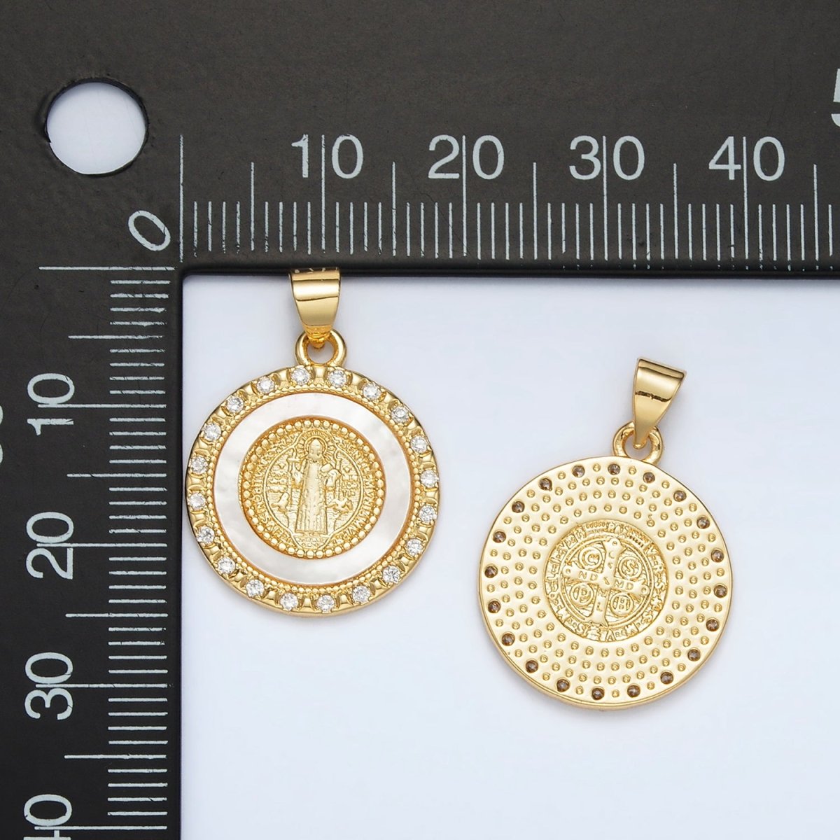 24K Gold Filled St Saint Benedict Shell Pearl Micro Paved CZ Round Pendant | AH184