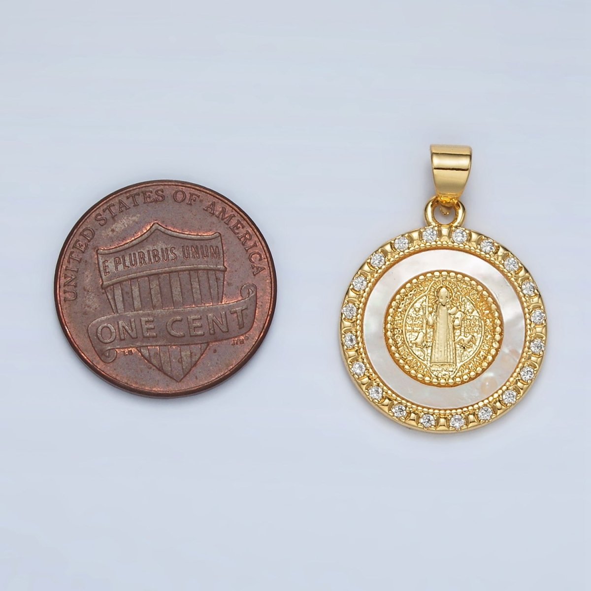 24K Gold Filled St Saint Benedict Shell Pearl Micro Paved CZ Round Pendant | AH184