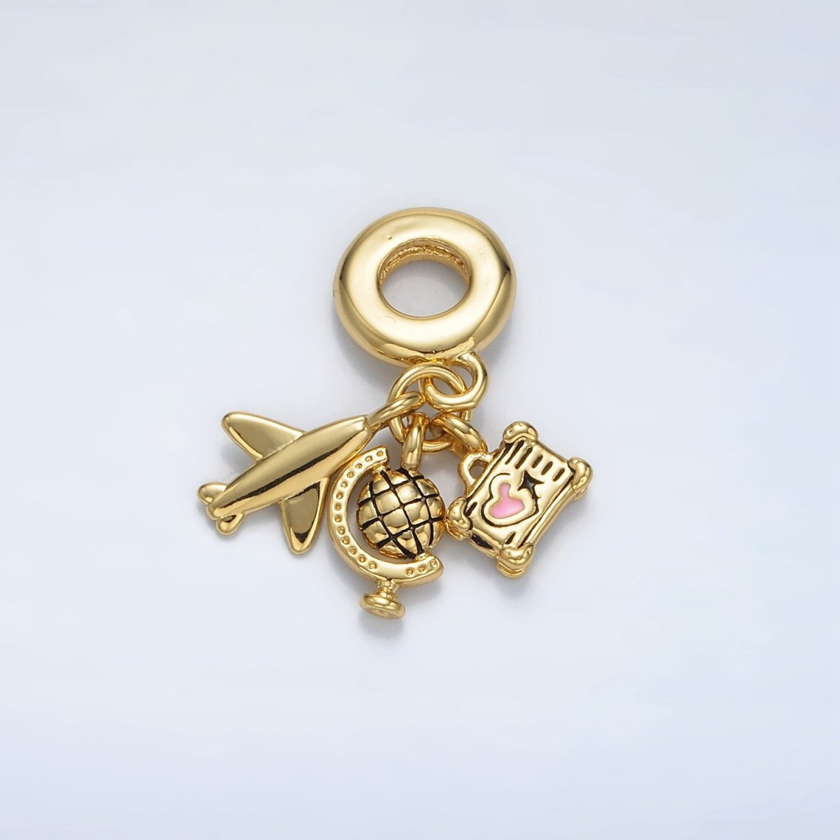 24K Gold Filled Suitcase Globe Airplane Rhondelle Bail Triple Travel Drop Pendant | AC088