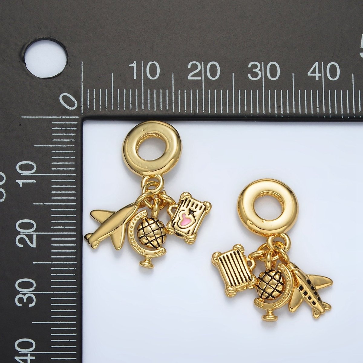 24K Gold Filled Suitcase Globe Airplane Rhondelle Bail Triple Travel Drop Pendant | AC088