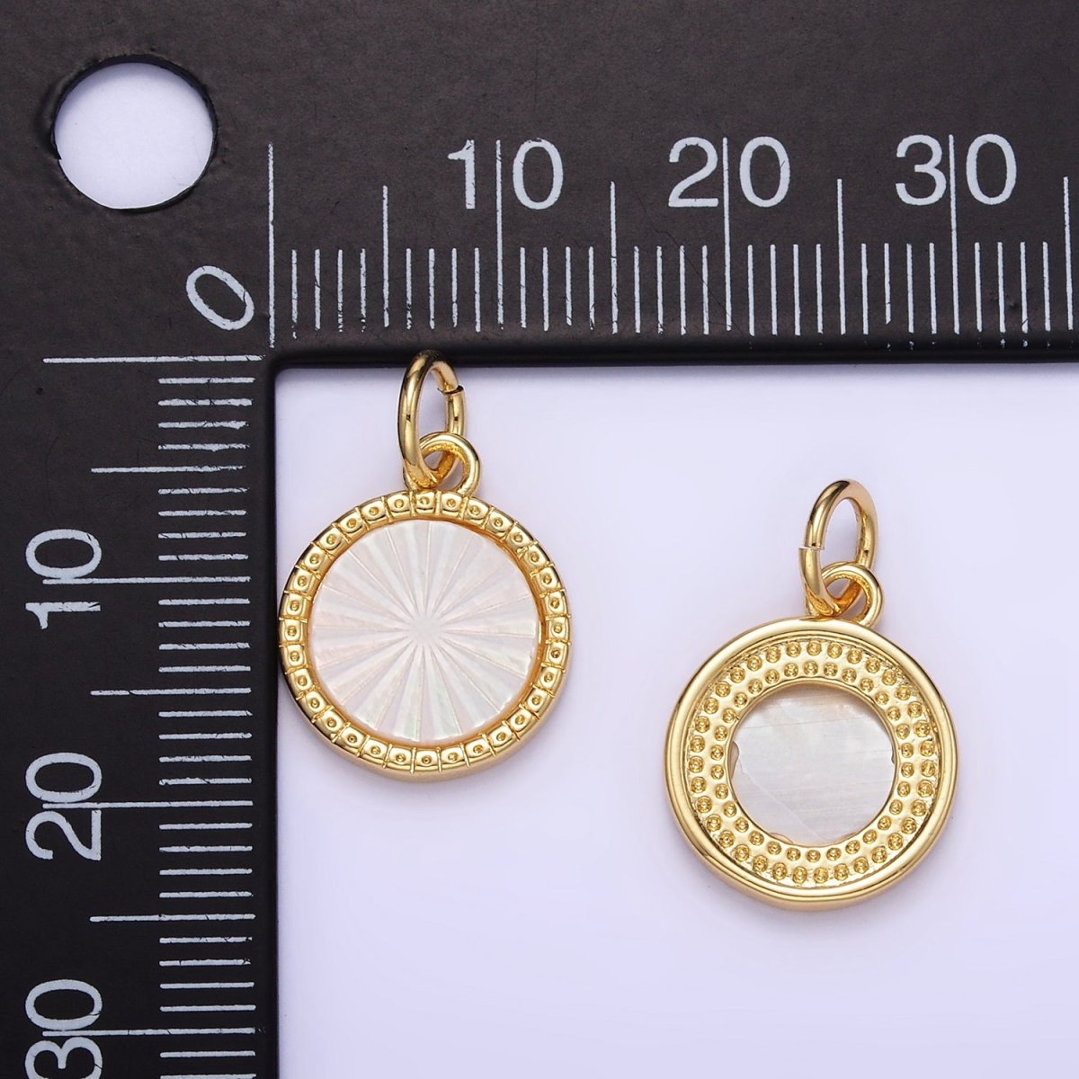 24K Gold Filled Sunburst Shell Pearl Bezel Round Charm | E354