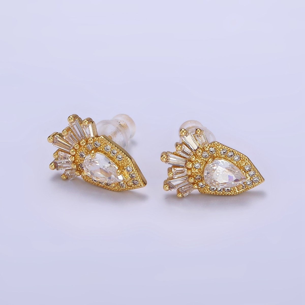 24K Gold Filled Teardrop Baguette Micro Paved CZ Stud Earrings | AB1175
