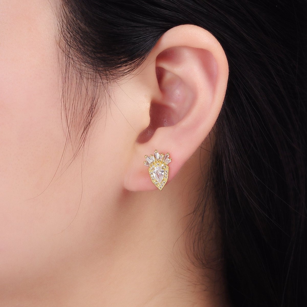 24K Gold Filled Teardrop Baguette Micro Paved CZ Stud Earrings | AB1175